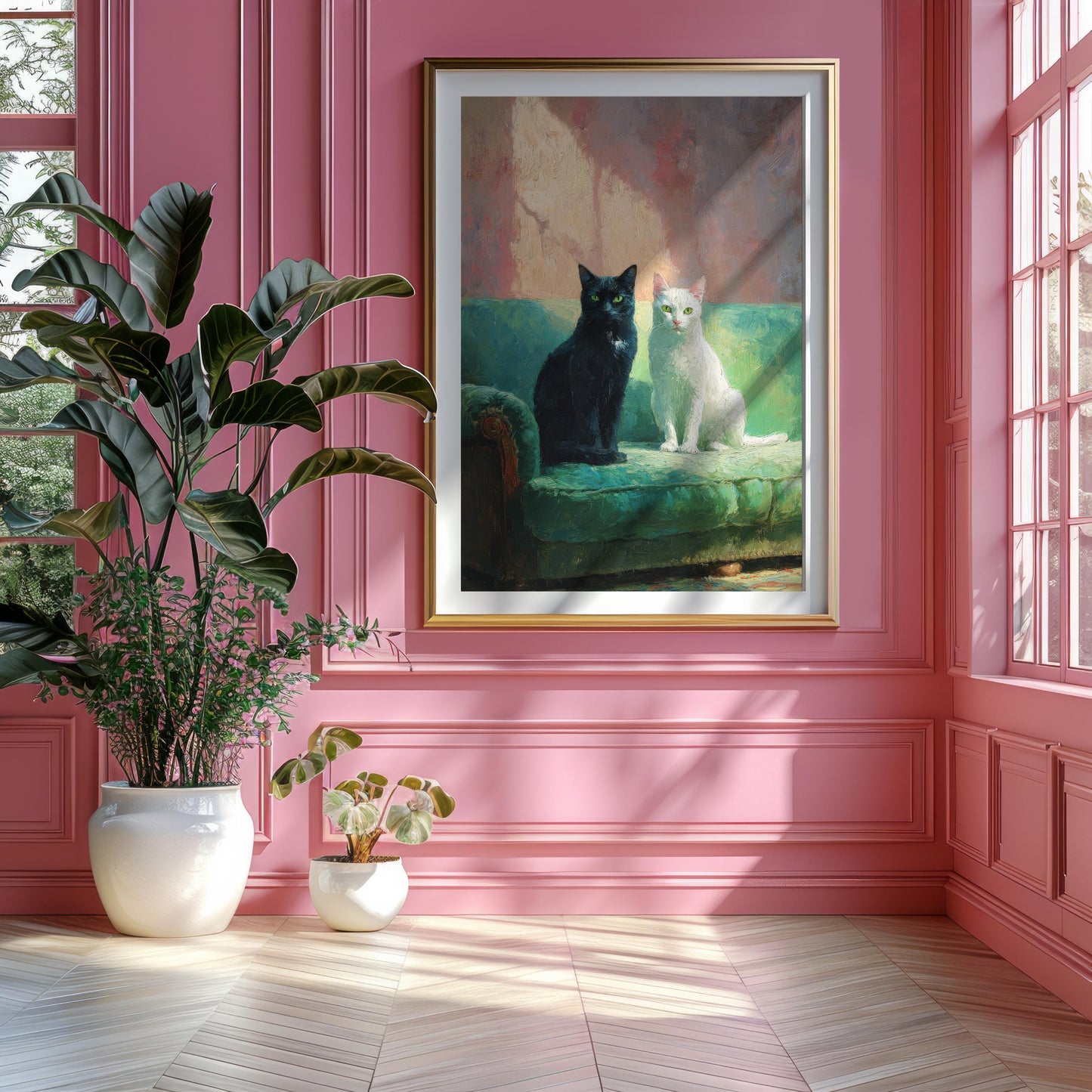 Black and White Cats on Green Sofa Fine Art Print | Cute Quirky Whimsical | Cocktail Art | Bar Cart Decor | Trendy Home Wall Art Gift