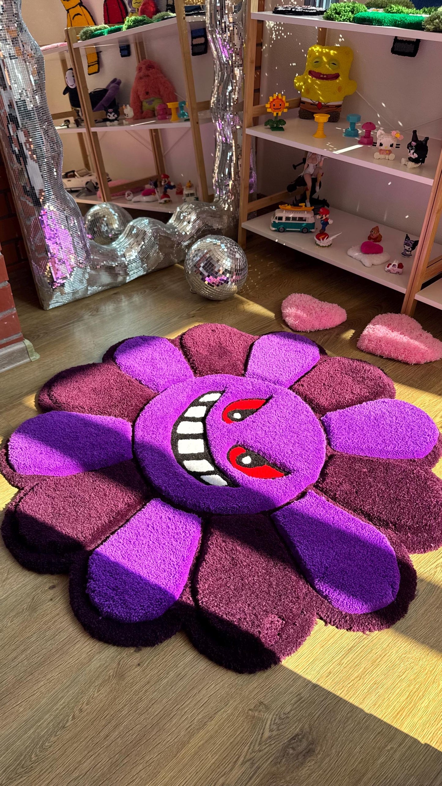 Evil Flower Gengar Puffy Tufted Rug – Custom Handmade 3D Carpet, Fluffy Kawaii Goth Decor, Creepy-Cute Rug for Bedroom size 3 x 3 ft