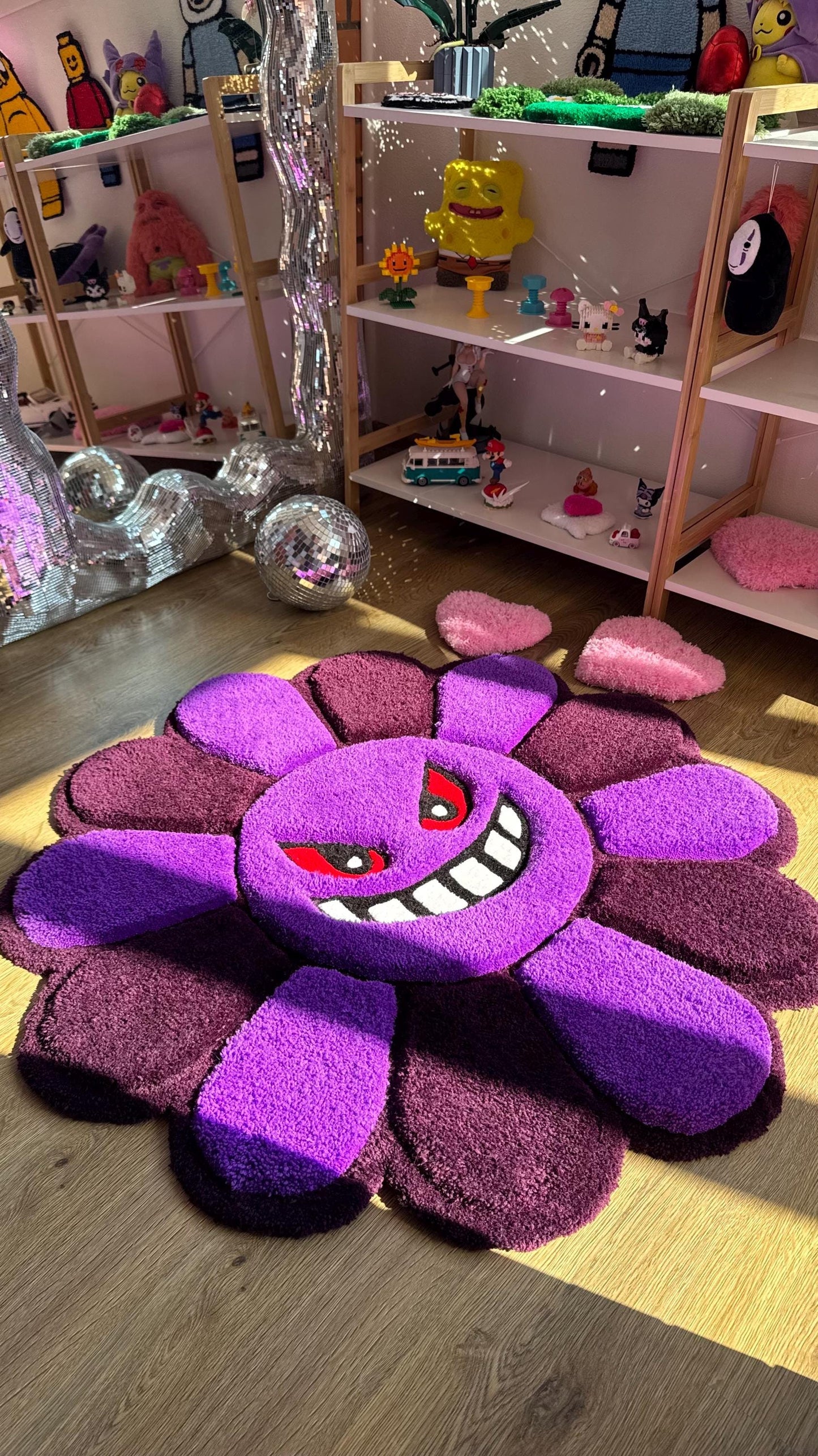 Evil Flower Gengar Puffy Tufted Rug – Custom Handmade 3D Carpet, Fluffy Kawaii Goth Decor, Creepy-Cute Rug for Bedroom size 3 x 3 ft