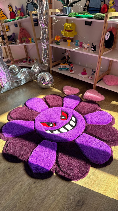 Evil Flower Gengar Puffy Tufted Rug – Custom Handmade 3D Carpet, Fluffy Kawaii Goth Decor, Creepy-Cute Rug for Bedroom size 3 x 3 ft