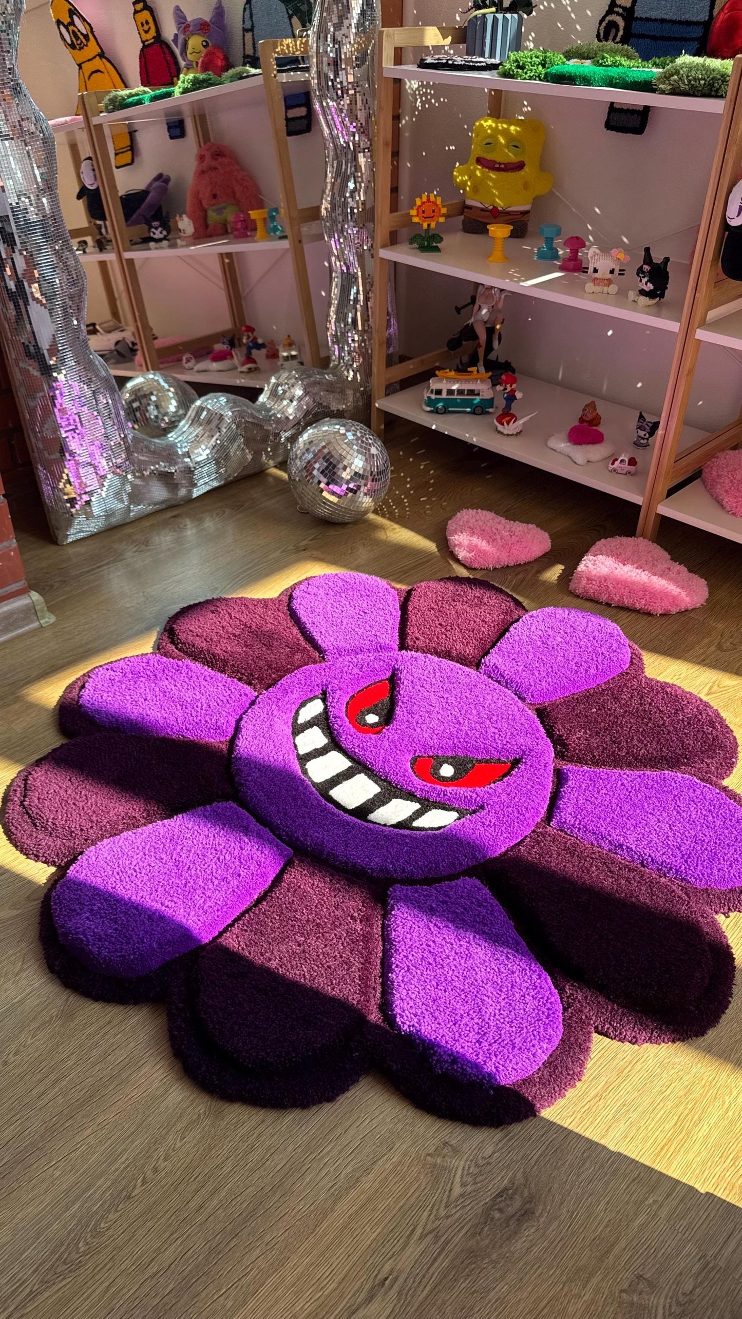 Evil Flower Gengar Puffy Tufted Rug – Custom Handmade 3D Carpet, Fluffy Kawaii Goth Decor, Creepy-Cute Rug for Bedroom size 3 x 3 ft