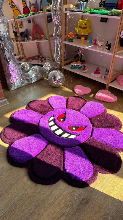 Evil Flower Gengar Puffy Tufted Rug – Custom Handmade 3D Carpet, Fluffy Kawaii Goth Decor, Creepy-Cute Rug for Bedroom size 3 x 3 ft