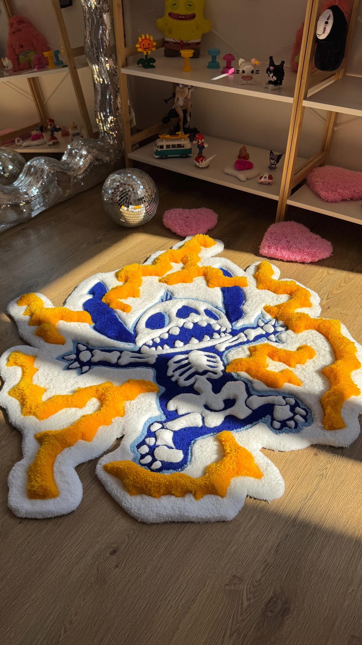 Skeleton Handmade Puffy Tufted Rug – Custom Handmade 3D Carpet, Fluffy Kawaii Goth Decor, Creepy-Cute Rug for Bedroom size 3 x 3 ft