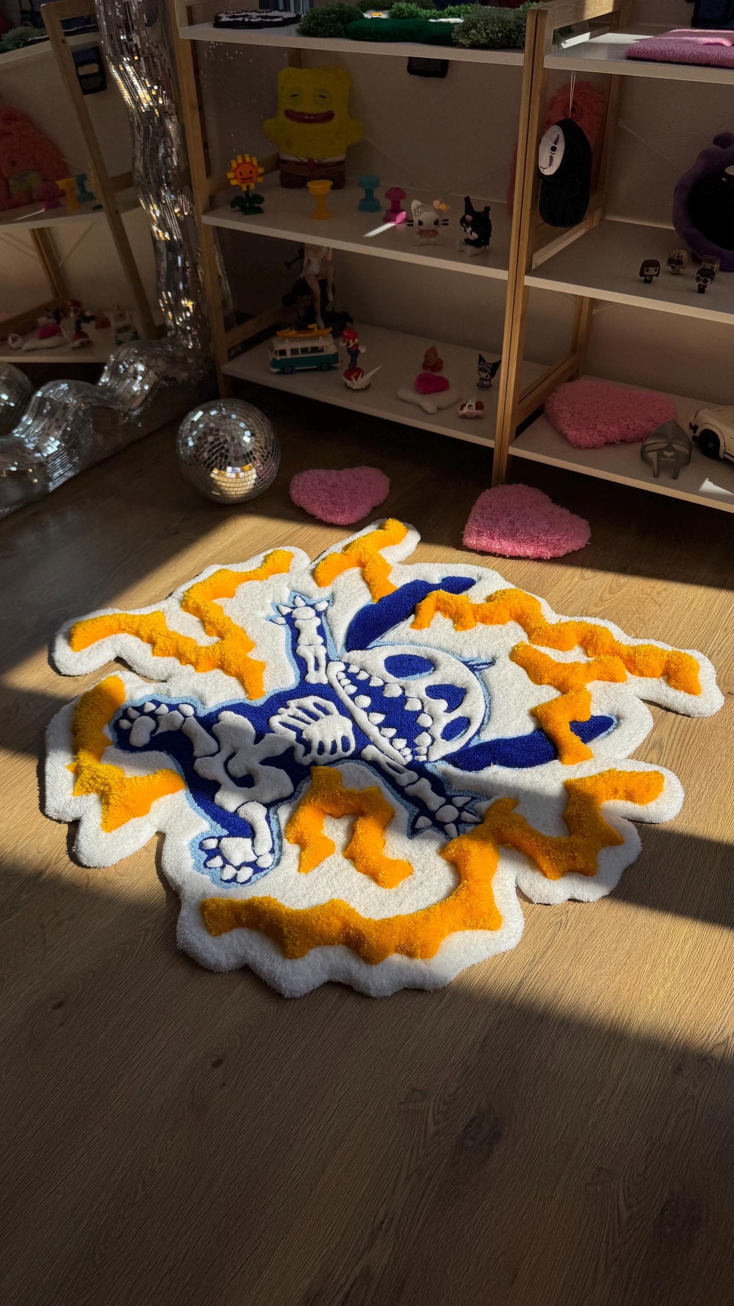 Skeleton Handmade Puffy Tufted Rug – Custom Handmade 3D Carpet, Fluffy Kawaii Goth Decor, Creepy-Cute Rug for Bedroom size 3 x 3 ft