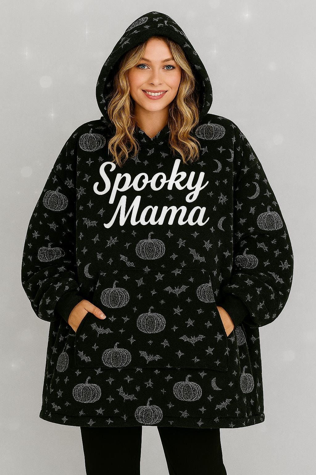 Spooky Mama Halloween Bat Hooded Blanket - Cozy Fall Gift for Mom, Witchy Mama Wearable Snuggle Hoodie, Pumpkin Ghost Apparel, Boo Crew