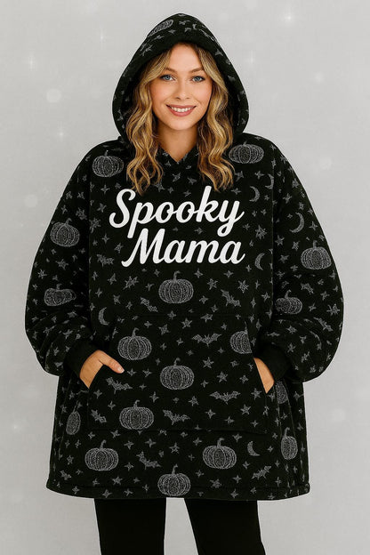 Spooky Mama Halloween Bat Hooded Blanket - Cozy Fall Gift for Mom, Witchy Mama Wearable Snuggle Hoodie, Pumpkin Ghost Apparel, Boo Crew