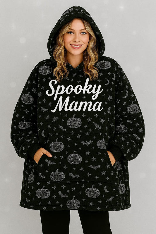 Spooky Mama Halloween Bat Hooded Blanket - Cozy Fall Gift for Mom, Witchy Mama Wearable Snuggle Hoodie, Pumpkin Ghost Apparel, Boo Crew