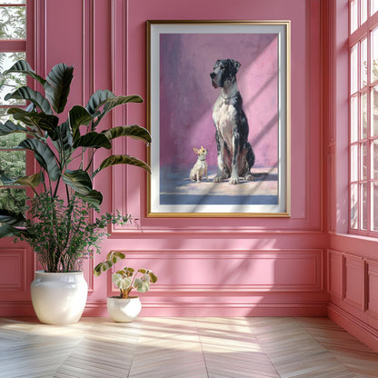 Great Dane and Chihuahua Dog Friends Fine Art Print | Cute Quirky Whimsical | Cocktail Art | Bar Cart Decor | Trendy Home Wall Art Gift