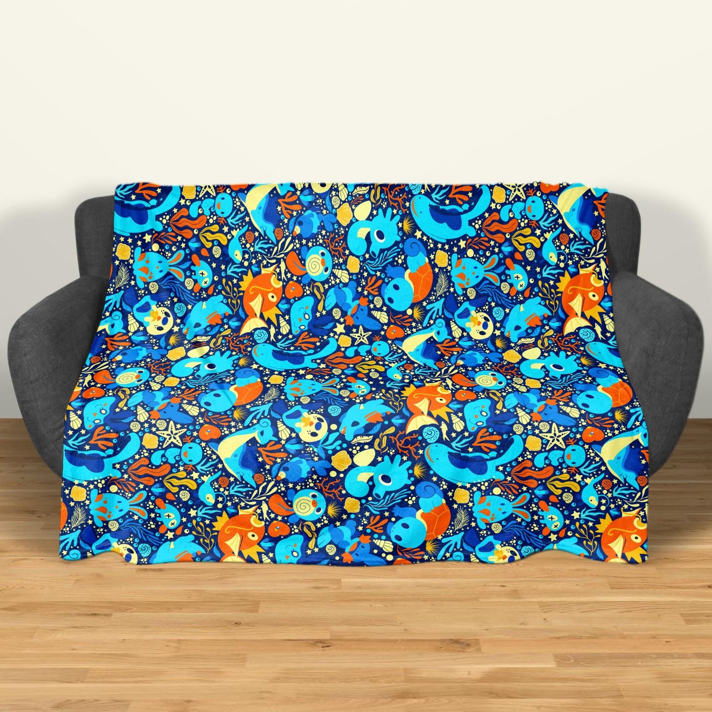 Magikarp and Squirtle Fleece Blanket, Cozy Throw Blanket with Water Type Pattern, Soft Cotton Blanket Gift, Magikarp Blanket Christmas Gift