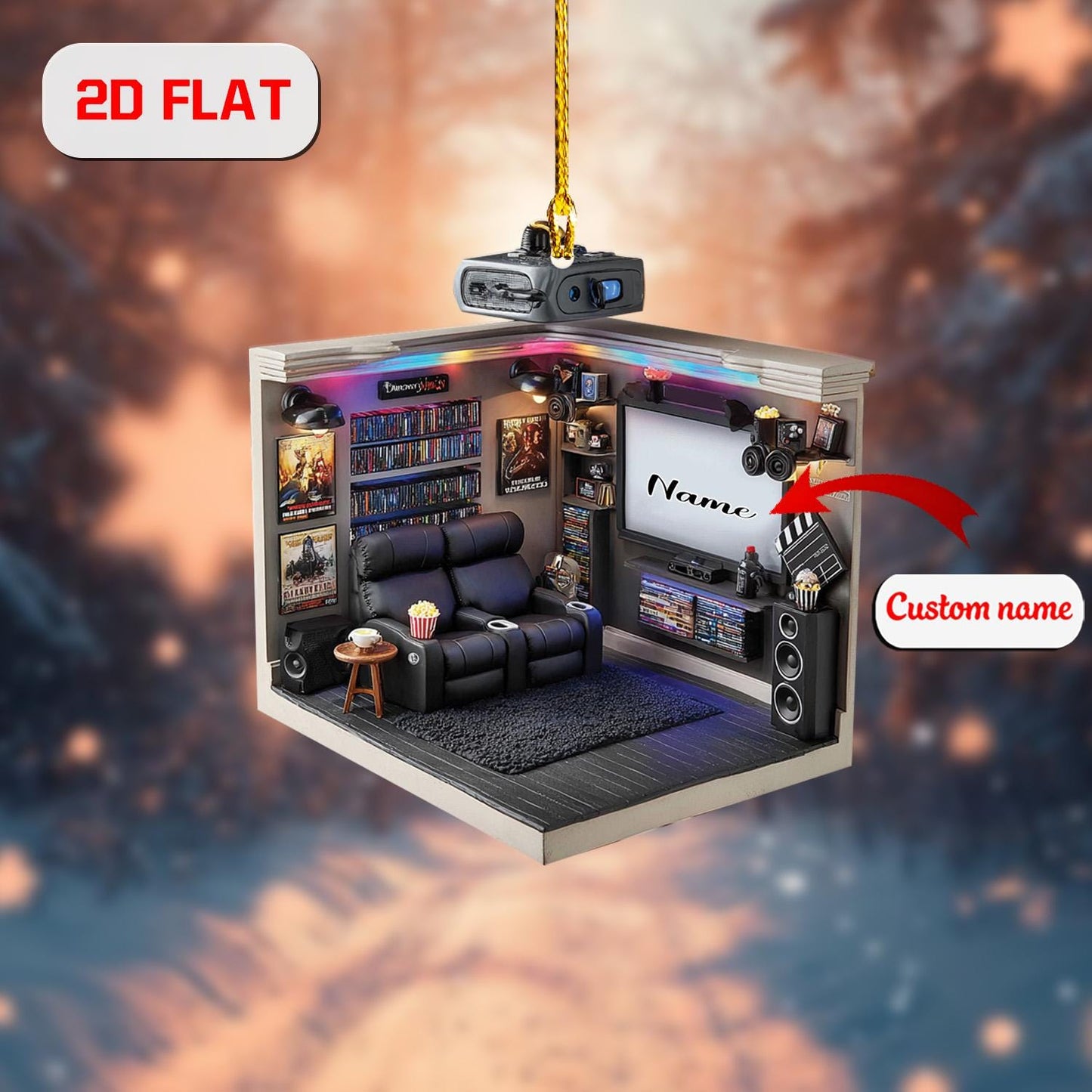Personalized Home Theater Ornament, Custom Name Movie Room Decor, Film Lover Gift, Cinema Room Ornament, Christmas Tree Decoration