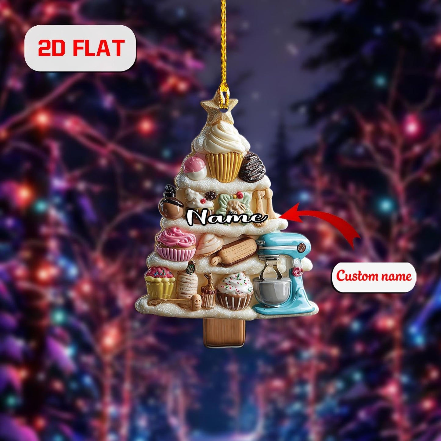 Personalized Baking Christmas Ornament, Custom Name Tree with Cupcakes and Sweets, Holiday Kitchen Decor, Gift for Bakers