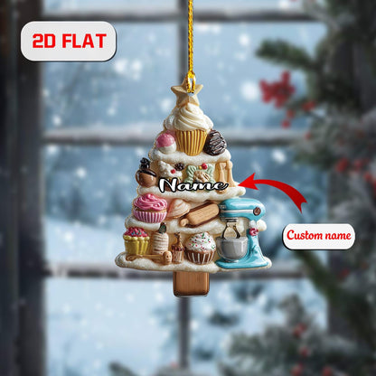 Personalized Baking Christmas Ornament, Custom Name Tree with Cupcakes and Sweets, Holiday Kitchen Decor, Gift for Bakers