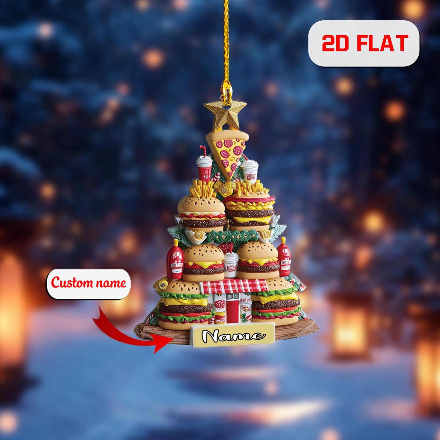 Personalized Fast Food Christmas Ornament, Custom Name Burger Pizza Fries Tree, Funny Holiday Decor, Gift for Food Lovers