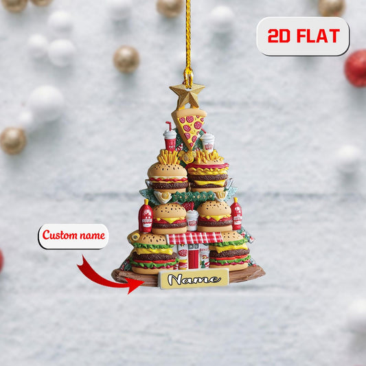 Personalized Fast Food Christmas Ornament, Custom Name Burger Pizza Fries Tree, Funny Holiday Decor, Gift for Food Lovers