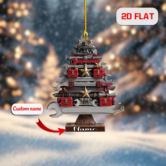 Personalized Mechanic Christmas Ornament, Custom Name Tool Tree with Wrenches and Toolboxes, Holiday Gift for Car Repair Lovers