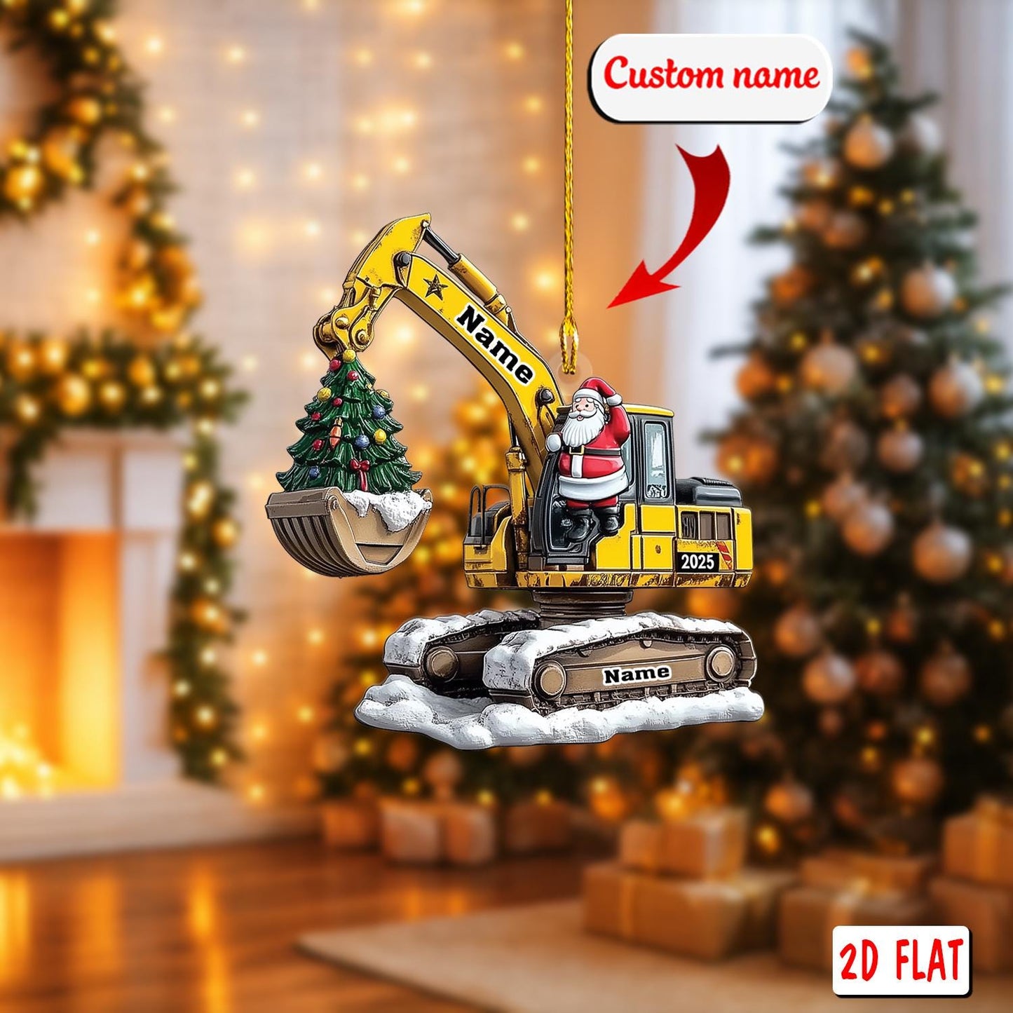 Personalized Excavator Christmas Ornament 2D Flat Acrylic, Custom Construction Santa Tree Decoration, Unique Holiday Gift for Worker 2025
