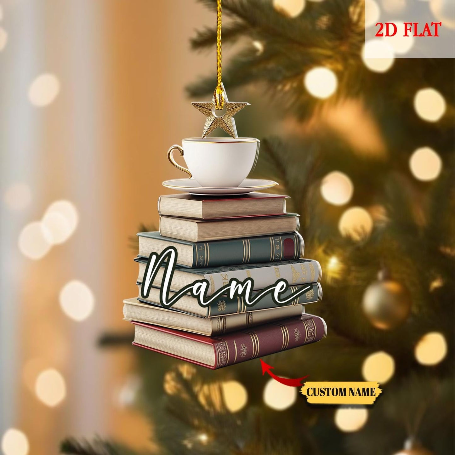 Custom Christmas Book Tree Name 2D Flat Ornament, Book Christmas Tree 2025, Book Lover Gift, Bookworm Gifts, Book Ornament, book club gift