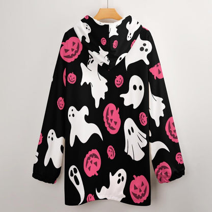 Oversized Pink Ghost Hoodie Blanket | Wearable Winter Blanket with Front Pocket, Jack o Lantern Ghost Blanket with Hoodie