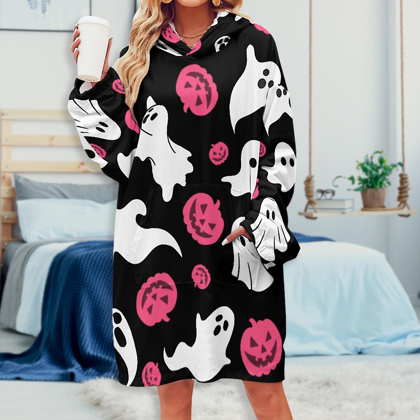 Oversized Pink Ghost Hoodie Blanket | Wearable Winter Blanket with Front Pocket, Jack o Lantern Ghost Blanket with Hoodie
