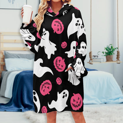 Oversized Pink Ghost Hoodie Blanket | Wearable Winter Blanket with Front Pocket, Jack o Lantern Ghost Blanket with Hoodie