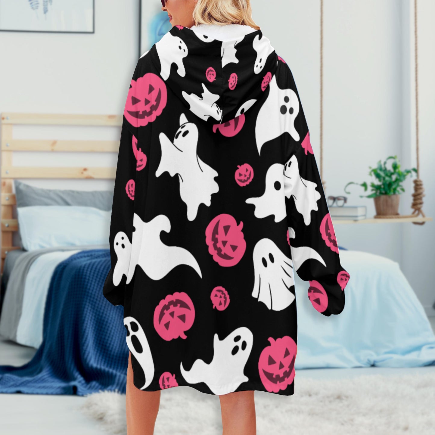 Oversized Pink Ghost Hoodie Blanket | Wearable Winter Blanket with Front Pocket, Jack o Lantern Ghost Blanket with Hoodie