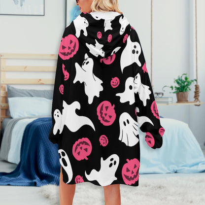Oversized Pink Ghost Hoodie Blanket | Wearable Winter Blanket with Front Pocket, Jack o Lantern Ghost Blanket with Hoodie