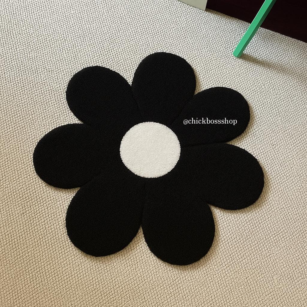 Black White  Flower Tufted Rug -  Boho Home Decor Tufting - Retro Style Aesthetic Handmade Tufted Rugs