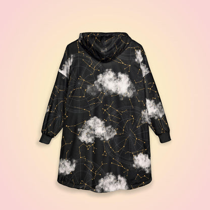 Cozy Cloud and Astrological Star Constellation Unisex Hooded Blanket - Celestial Zodiac Snuggie Hooded Sweater, Fluffy Lined Extra Warm