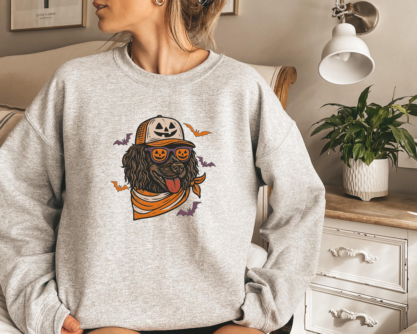Boykin Spaniel with Pumpkin Trucker Hat and Sunglasses Shirt, Halloween Cool Dog Shirt, Funny Fall Halloween Tee for Dog Lovers & Dog Moms