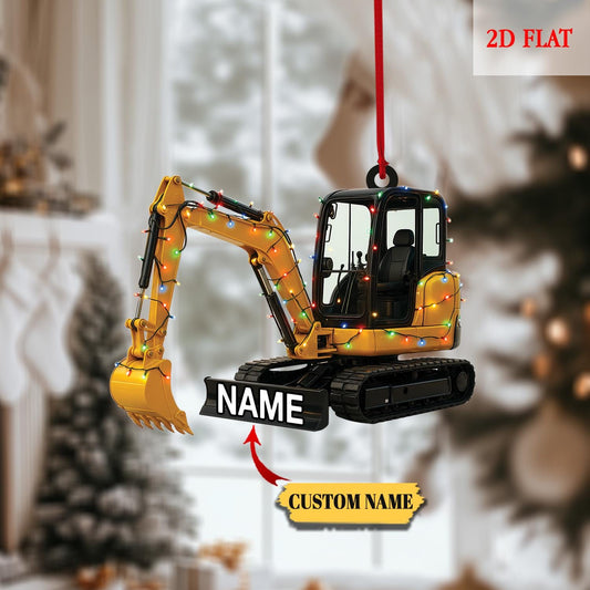 Custom Name Excavator Led Light Flat 2D Ornament, Machine Ornament, Construction Gift, Christmas Tree Hanging Decor, Excavator Ornament