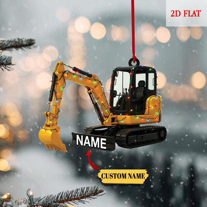 Custom Name Excavator Led Light Flat 2D Ornament, Machine Ornament, Construction Gift, Christmas Tree Hanging Decor, Excavator Ornament