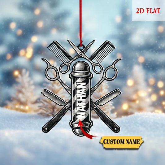 Personalized Barber 2D Flat Ornament, Hair Stylist Christmas Ornament, Salon Tools Holiday Decor, Barber Pole Gift, Haircut Ornament