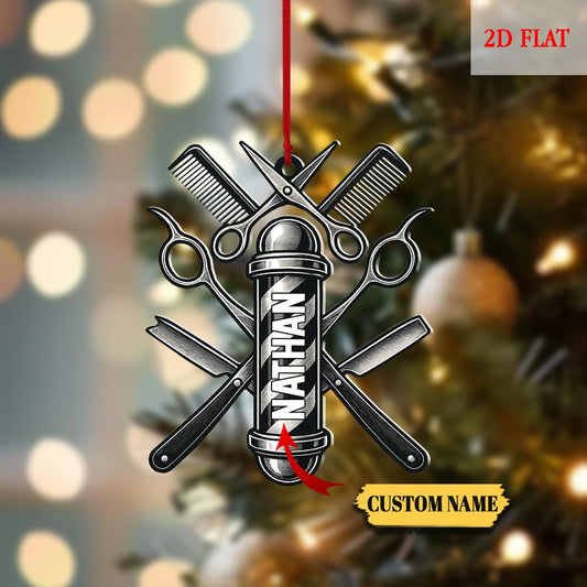 Personalized Barber 2D Flat Ornament, Hair Stylist Christmas Ornament, Salon Tools Holiday Decor, Barber Pole Gift, Haircut Ornament
