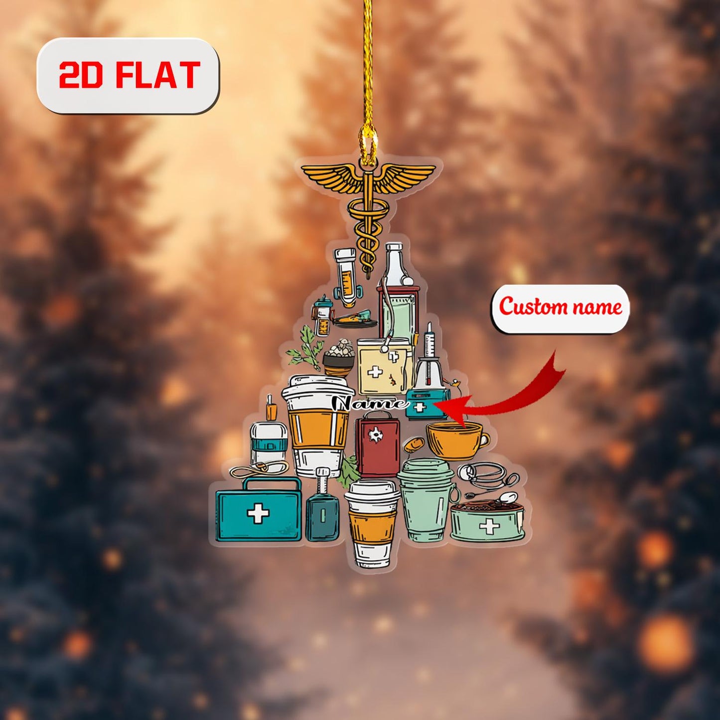 Personalized Medical Ornament Christmas Tree, Custom Name Nurse Doctor Gift, Healthcare Coffee Ornament for Medical Professional