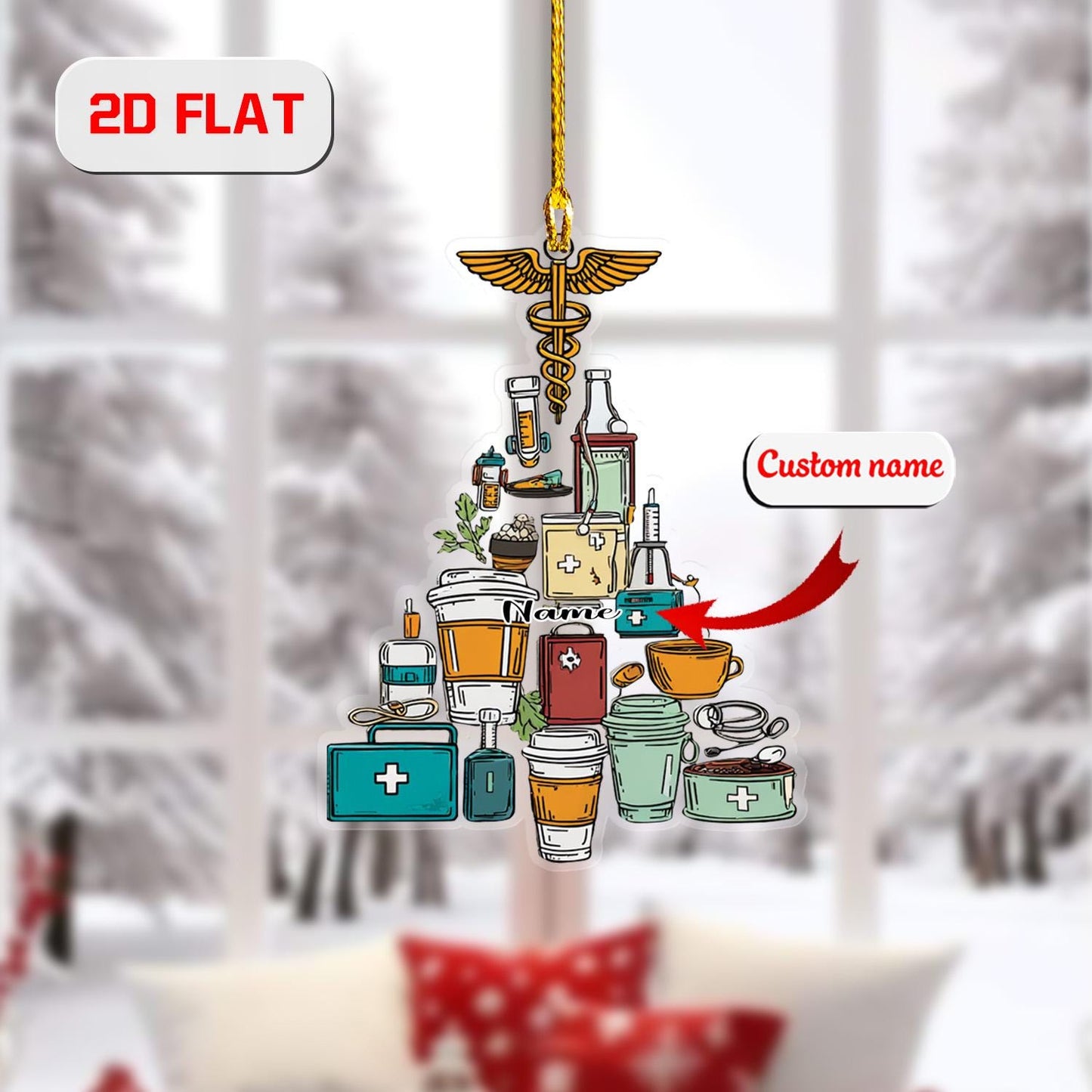 Personalized Medical Ornament Christmas Tree, Custom Name Nurse Doctor Gift, Healthcare Coffee Ornament for Medical Professional