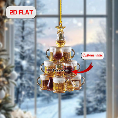 Personalized Beer Ornament Christmas Tree, Custom Name Wine Whiskey Glass Gift, Funny Holiday Bar Ornament for Beer Lover