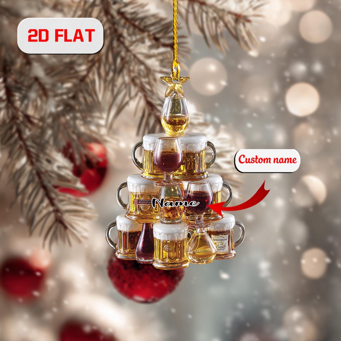Personalized Beer Ornament Christmas Tree, Custom Name Wine Whiskey Glass Gift, Funny Holiday Bar Ornament for Beer Lover