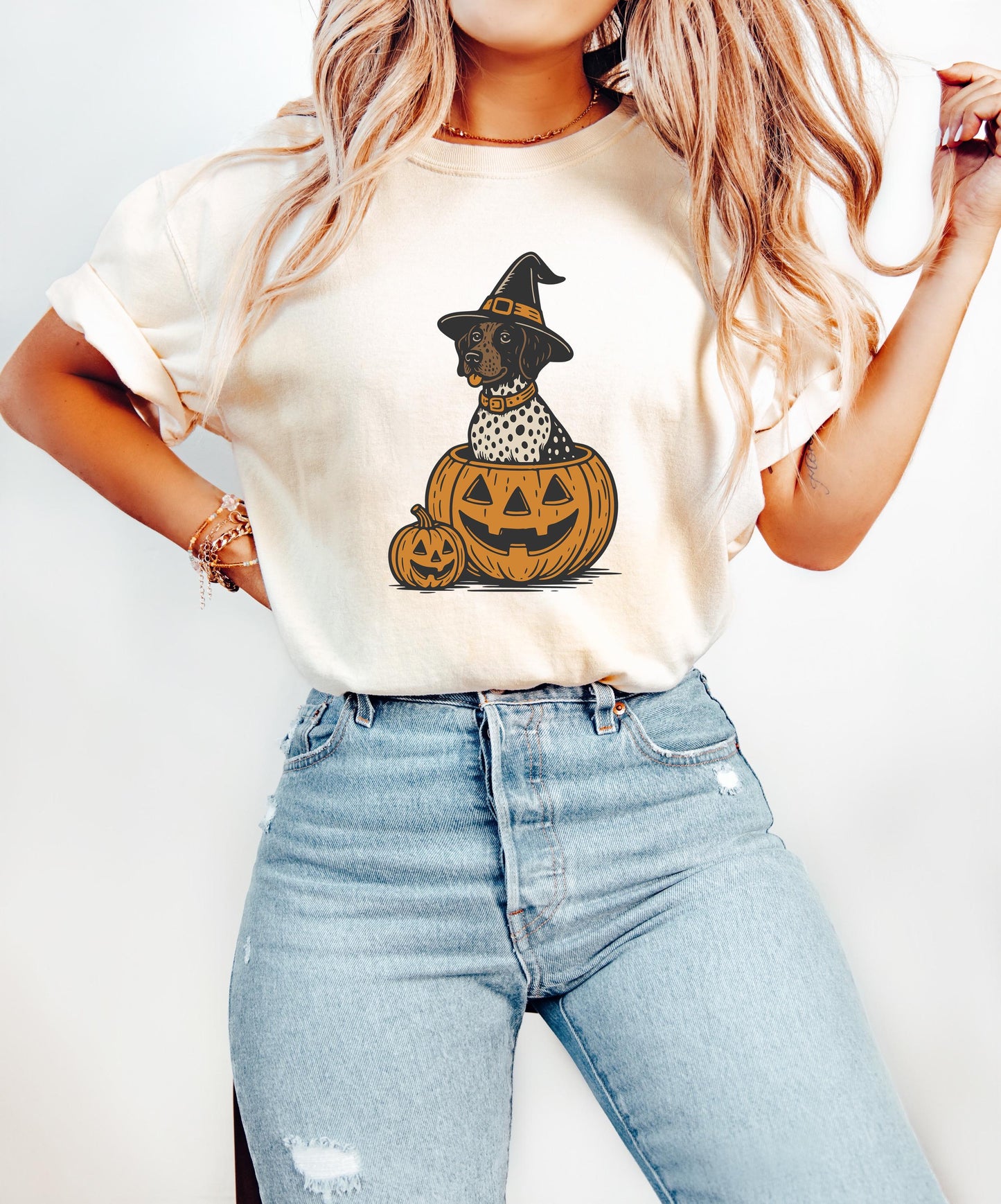 Comfort Colors® Halloween Shorthaired Pointer Shirt, Retro Fall Spooky Vibes Witch Dog In Pumpkins Shirt, GSP Dog lover Halloween Shirt