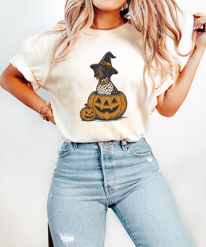 Comfort Colors® Halloween Shorthaired Pointer Shirt, Retro Fall Spooky Vibes Witch Dog In Pumpkins Shirt, GSP Dog lover Halloween Shirt