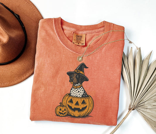 Comfort Colors® Halloween Shorthaired Pointer Shirt, Retro Fall Spooky Vibes Witch Dog In Pumpkins Shirt, GSP Dog lover Halloween Shirt