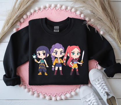 Mira, Rumi,Joey Sweatshirt Kpop Demon Hunters Sweatshirt, Huntrix Girl Shirt, Kpop idol group Shirt,Demon Hunter Merch, Gift for Huntrix fan