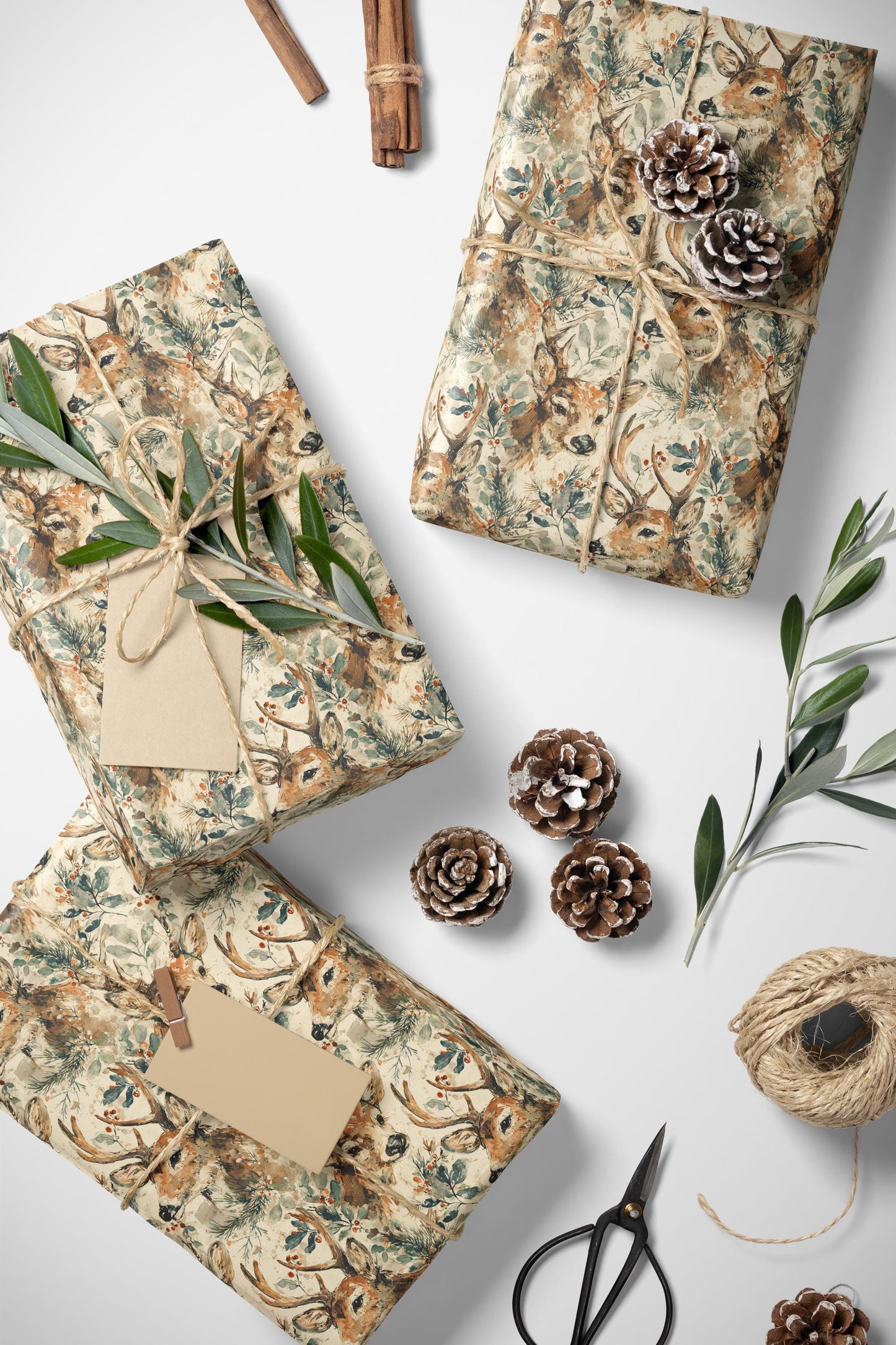 Watercolor Deer Wrapping Paper Christmas | Premium Holiday Gift Wrap Roll | Rustic Woodland Festive Supplies #4