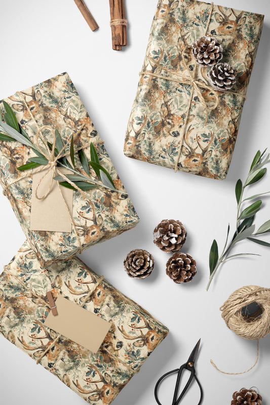 Watercolor Deer Wrapping Paper Christmas | Premium Holiday Gift Wrap Roll | Rustic Woodland Festive Supplies #4