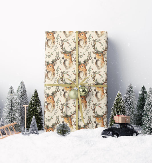 Wrapping Paper Premium Watercolor Deer | Christmas Gift Wrap Roll | Cozy Rustic Holiday Aesthetic Supplies #3