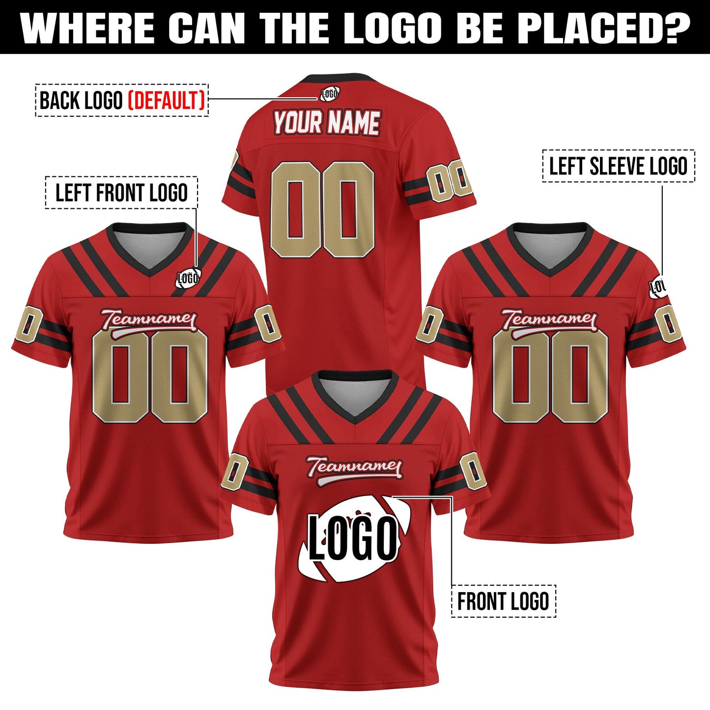 Personalized Team Shirts Football Jersey for Adult Kid, Custom Team Name Number Logo, Football Fan Tee V-Neck Shirt Gift for Fan Lovers