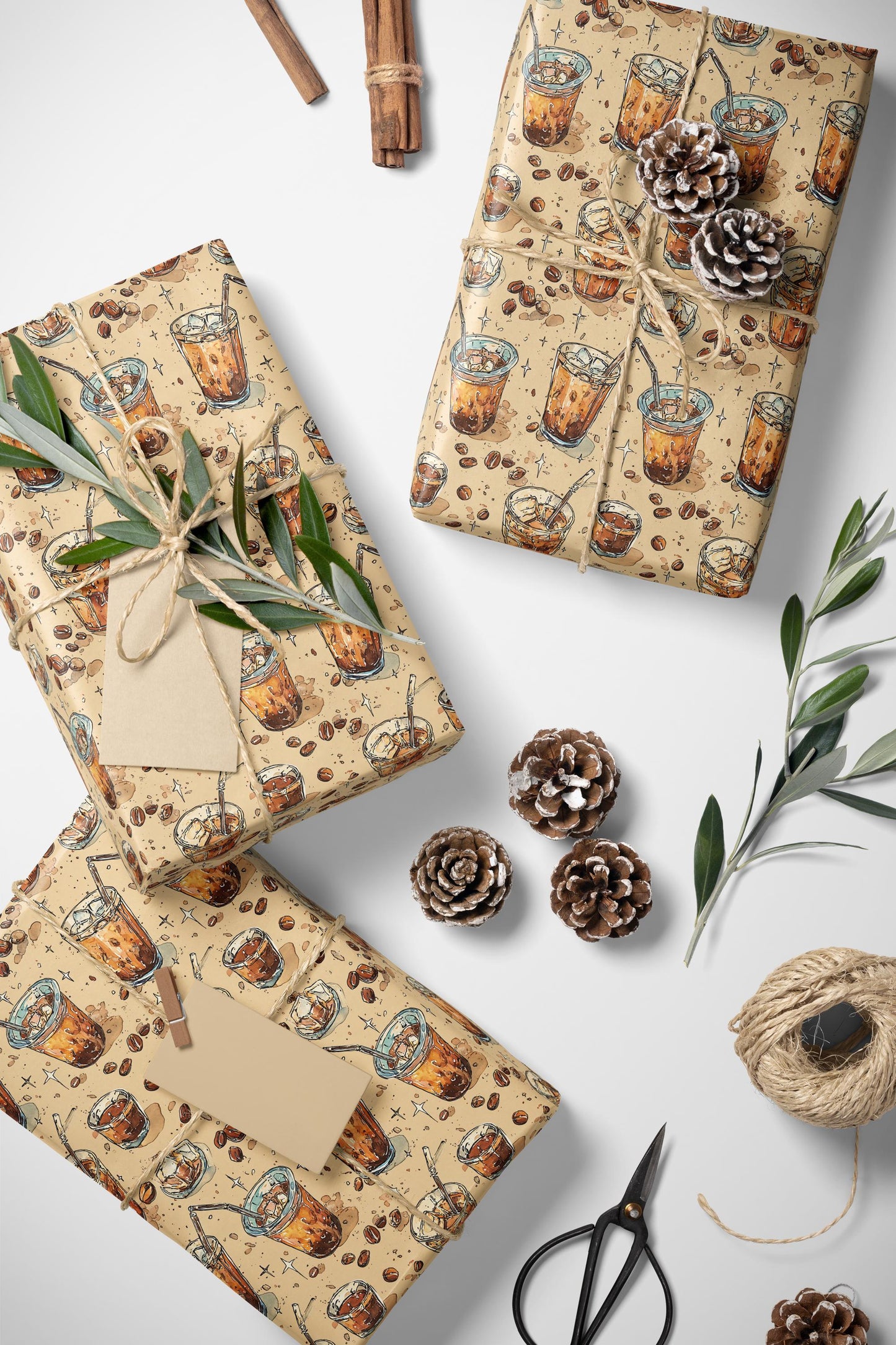 Coffee Wrapping Paper Premium Watercolor | Barista Gift Wrap Roll | Cozy Coffee Addict Design #4