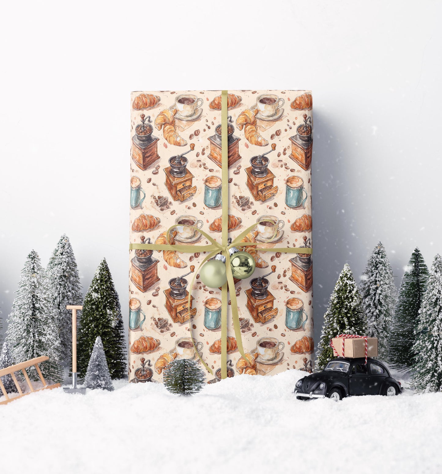 Coffee Wrapping Paper Watercolor Coffee Beans | Premium Barista Gift Wrap Roll | Rustic Cozy Design #7