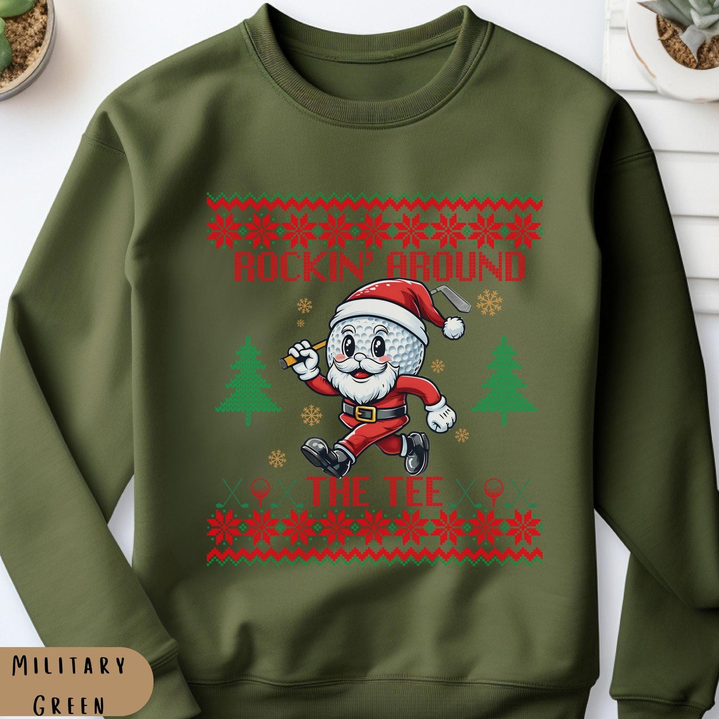 Rockin' Around the Christmas Tree Shirt Santa Claus Golfing Golf Ugly Funny Secret Santa Gift Ideas Ugly Party Golfer Dad