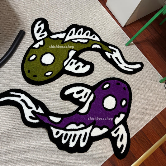 Colorful Koi Yin Yang Fish Rug | Purple - Green Yin Yang Rug | Custom Asian Tufted Rug