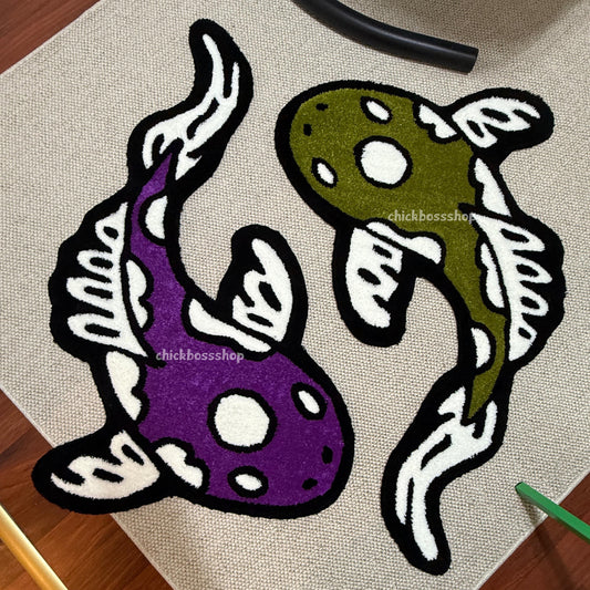 Colorful Koi Yin Yang Fish Rug | Purple - Green Yin Yang Rug | Custom Asian Tufted Rug